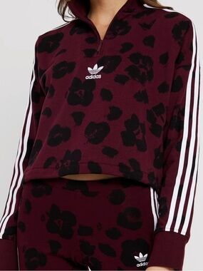 adidas Maroon & Black Leopard Print Quarter-Zip Crop Top!! L